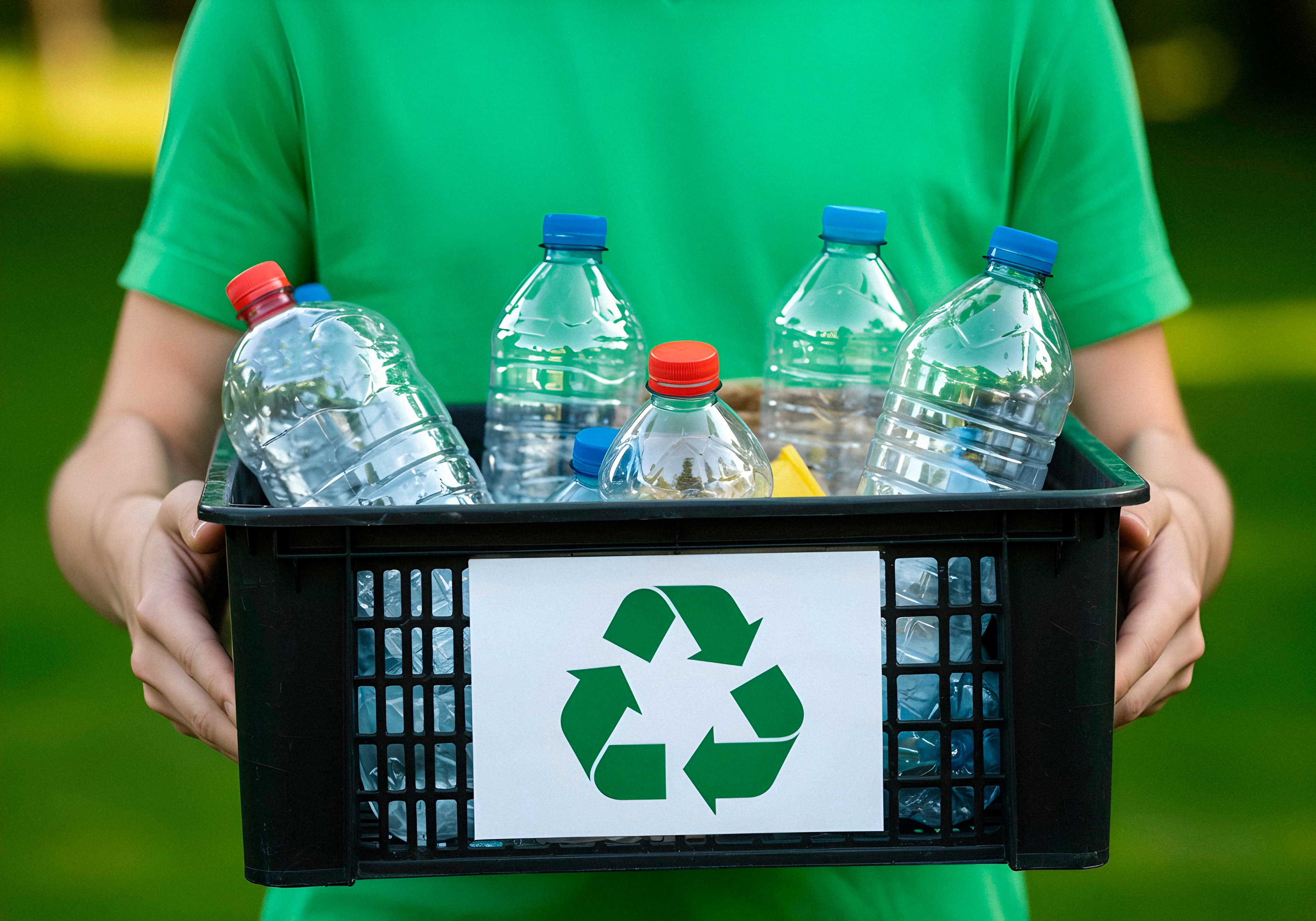 Person holding recycling bin full of plastic bottles